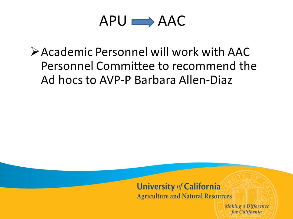 APU AAC  Academic Personnel will work with AAC Personnel Committee to recommend the Ad hocs to AVP-P Barbara Allen-Diaz