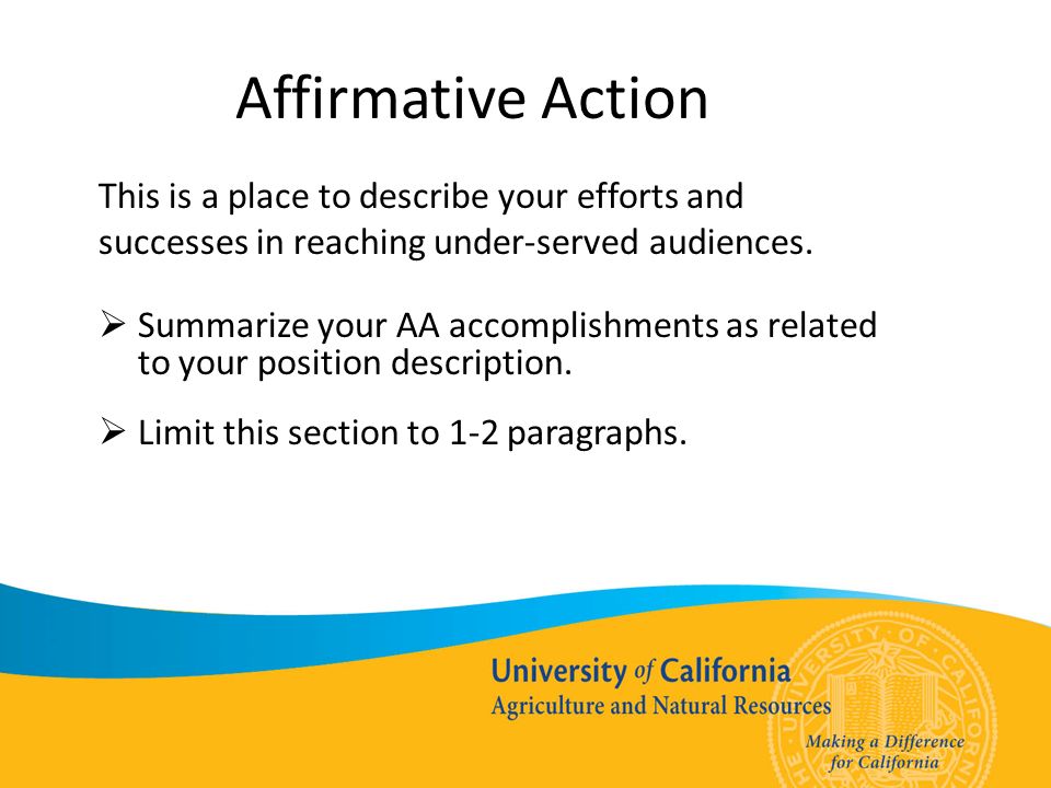 Affirmative Action This is a place to describe your efforts and successes in reaching under-served audiences.