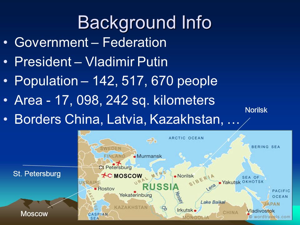 Background Info Government – Federation President – Vladimir Putin Population – 142, 517, 670 people Area - 17, 098, 242 sq.