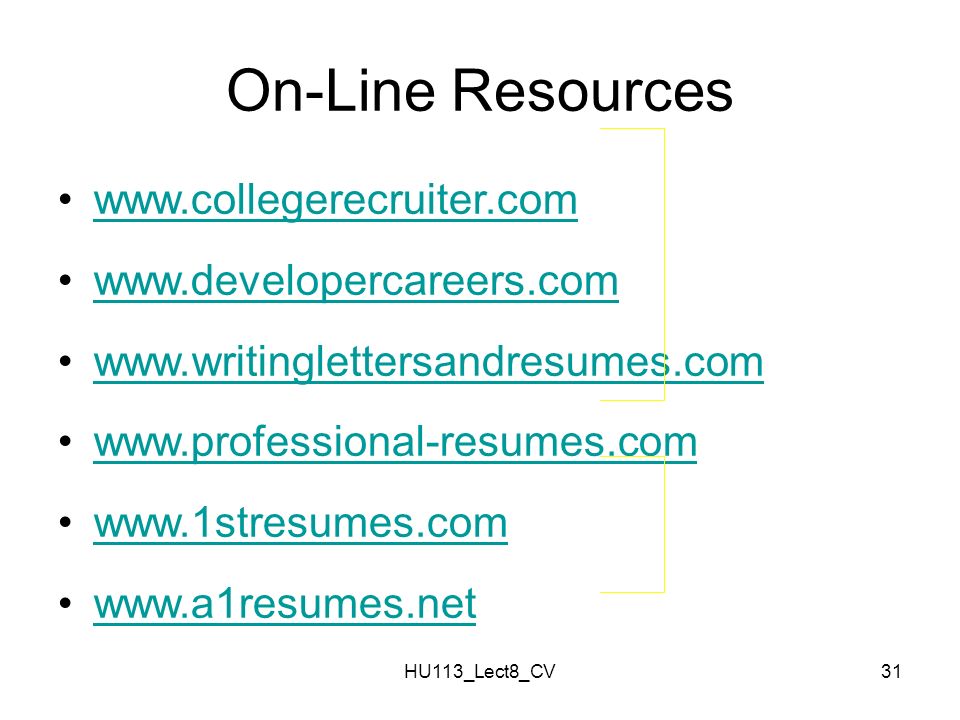 HU113_Lect8_CV31 On-Line Resources