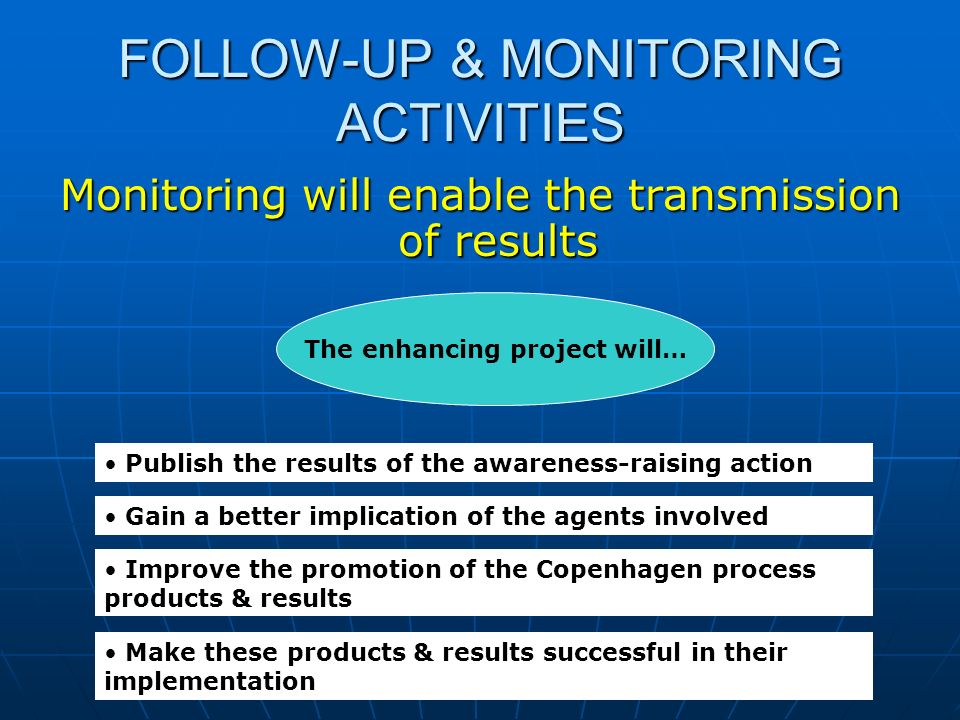 FOLLOW-UP & MONITORING ACTIVITIES Monitoring will enable the transmission of results The enhancing project will… Publish the results of the awareness-raising action Gain a better implication of the agents involved Improve the promotion of the Copenhagen process products & results Make these products & results successful in their implementation