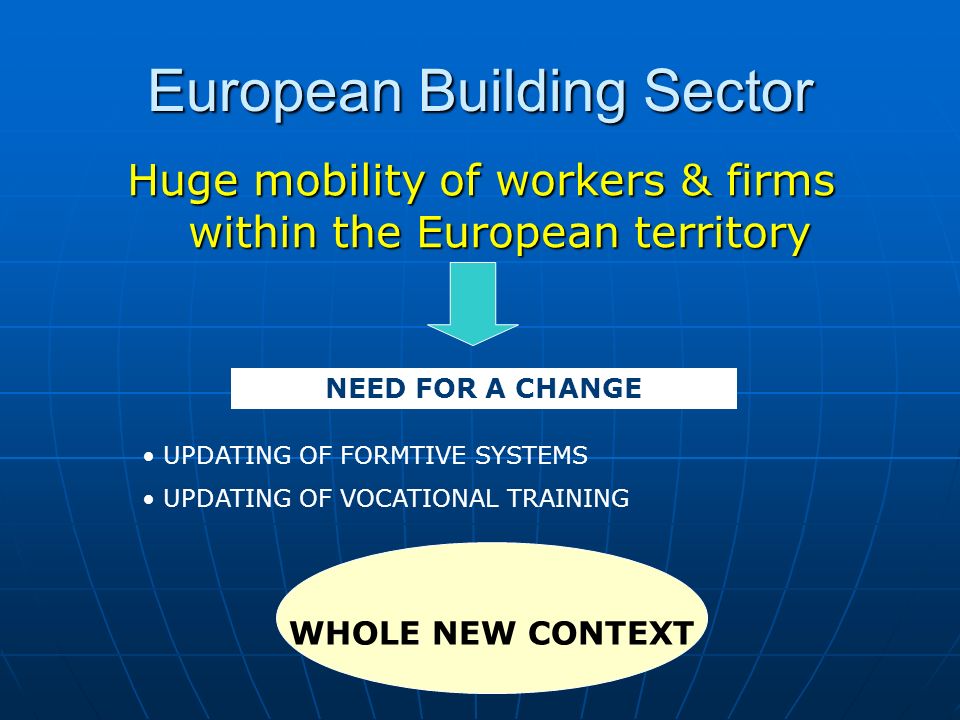 European Building Sector Huge mobility of workers & firms within the European territory NEED FOR A CHANGE UPDATING OF FORMTIVE SYSTEMS UPDATING OF VOCATIONAL TRAINING WHOLE NEW CONTEXT