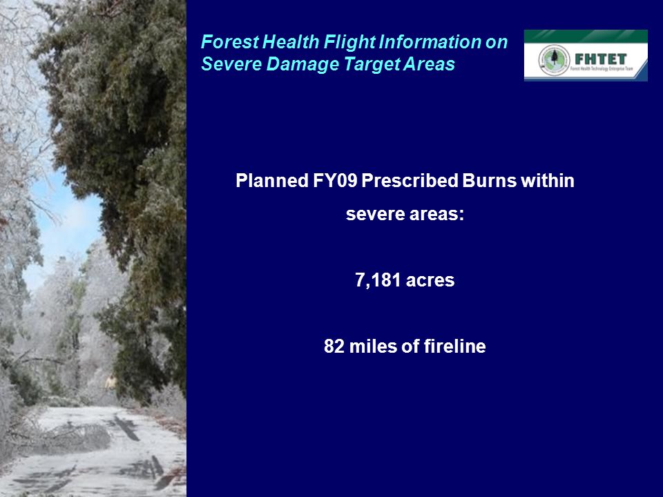 Planned FY09 Prescribed Burns within severe areas: 7,181 acres 82 miles of fireline Forest Health Flight Information on Severe Damage Target Areas