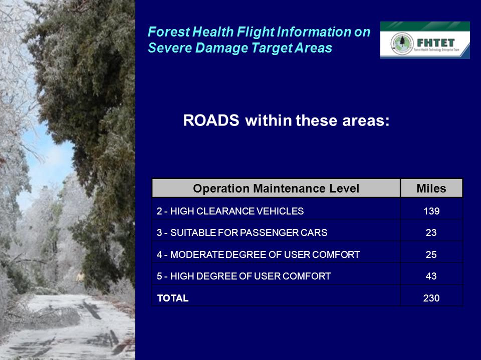 ROADS within these areas: Operation Maintenance LevelMiles 2 - HIGH CLEARANCE VEHICLES SUITABLE FOR PASSENGER CARS MODERATE DEGREE OF USER COMFORT HIGH DEGREE OF USER COMFORT43 TOTAL230 Forest Health Flight Information on Severe Damage Target Areas