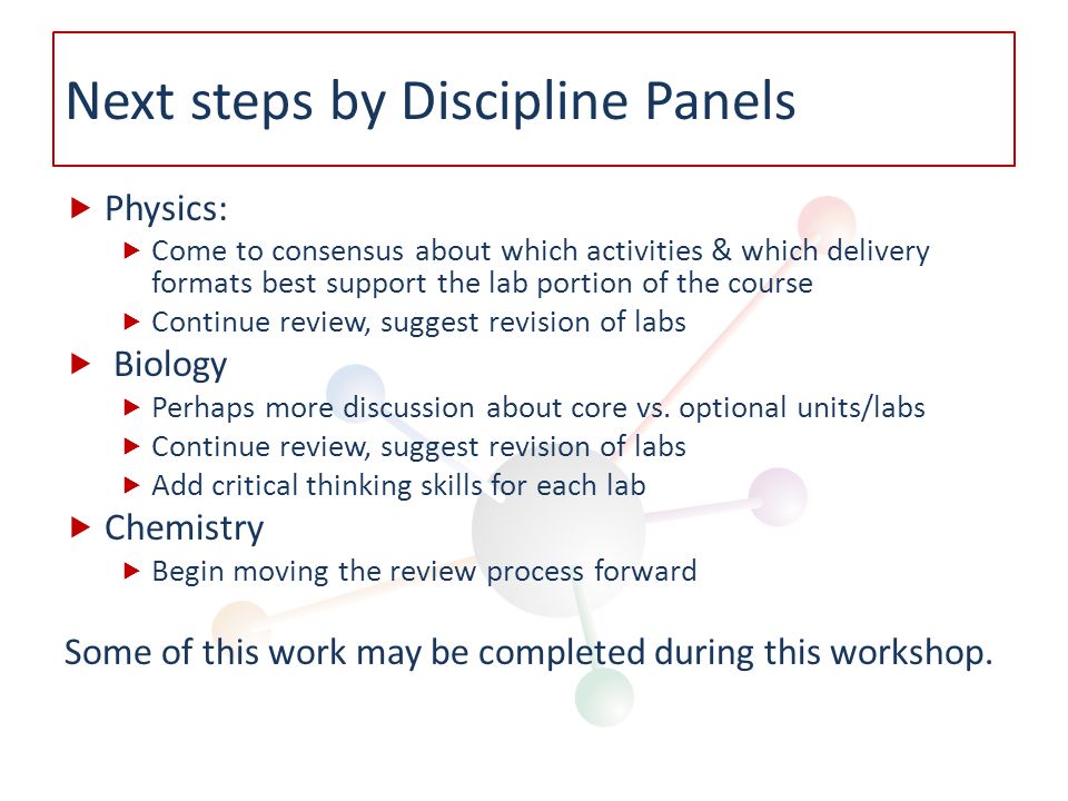 Next steps by Discipline Panels  Physics:  Come to consensus about which activities & which delivery formats best support the lab portion of the course  Continue review, suggest revision of labs  Biology  Perhaps more discussion about core vs.