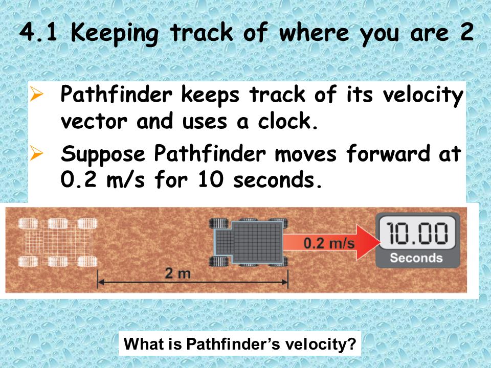 4.1 Keeping track of where you are 2  Pathfinder keeps track of its velocity vector and uses a clock.