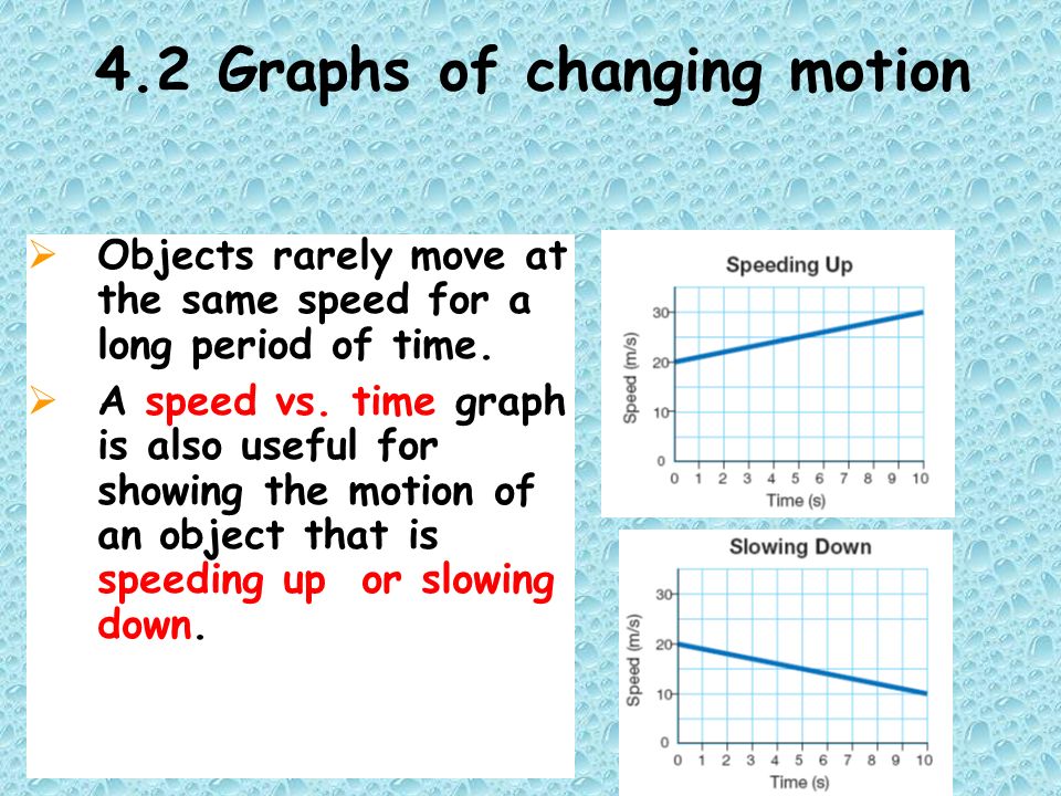 4.2 Graphs of changing motion  Objects rarely move at the same speed for a long period of time.