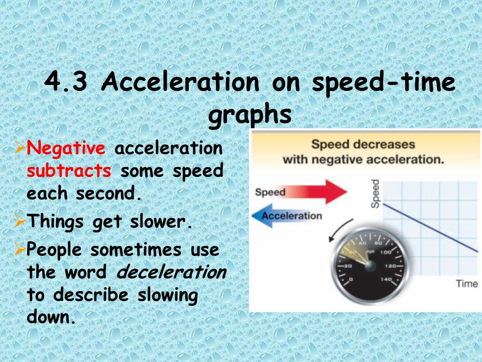 4.3 Acceleration on speed-time graphs  Negative acceleration subtracts some speed each second.