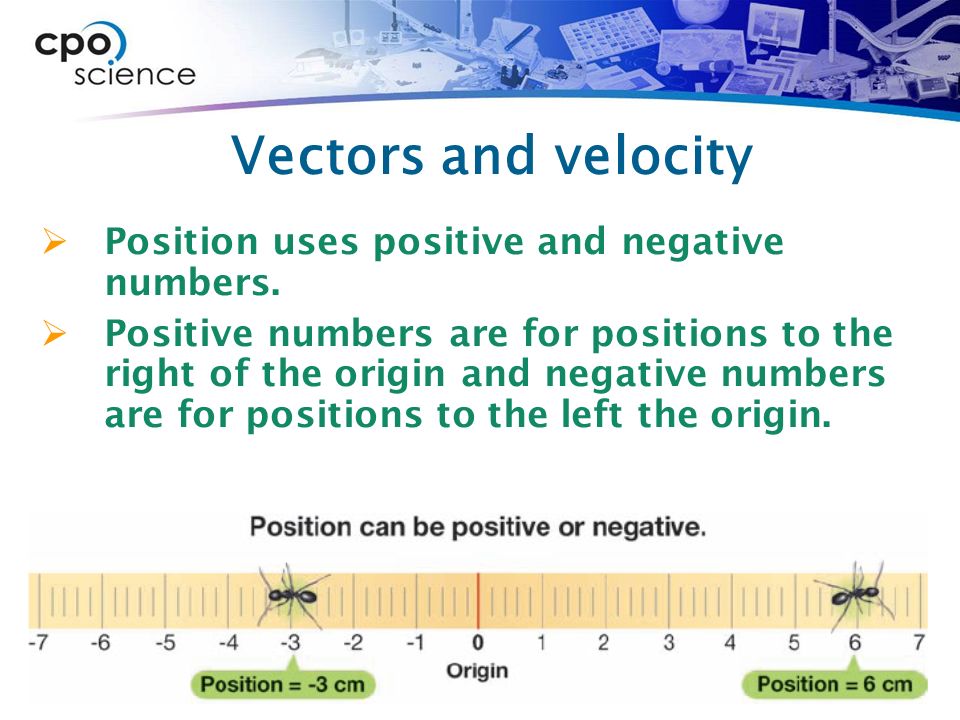 Vectors and velocity  Position uses positive and negative numbers.