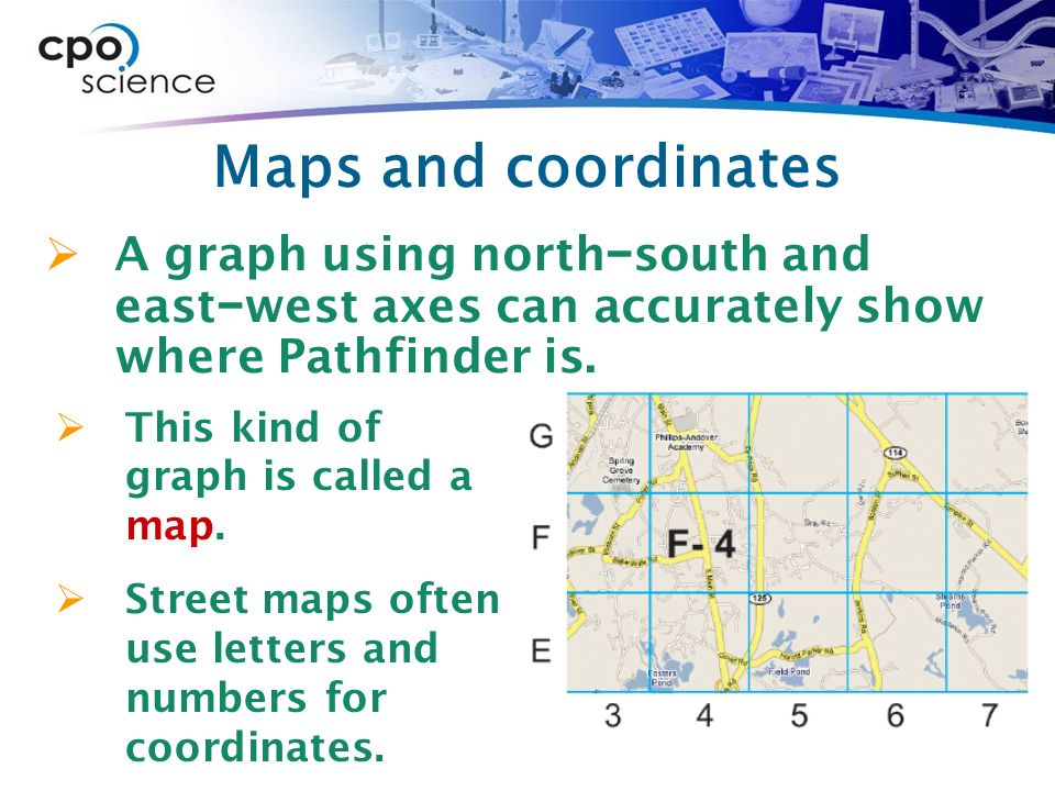 Maps and coordinates  A graph using north − south and east − west axes can accurately show where Pathfinder is.