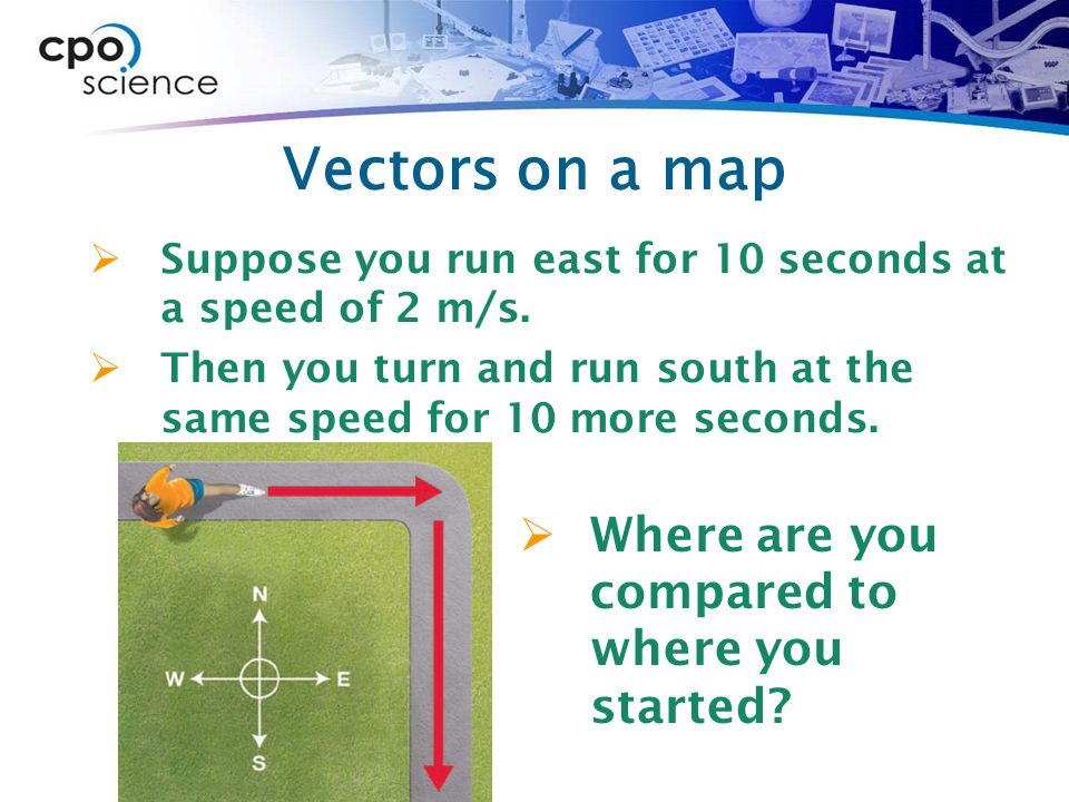 Vectors on a map  Suppose you run east for 10 seconds at a speed of 2 m/s.