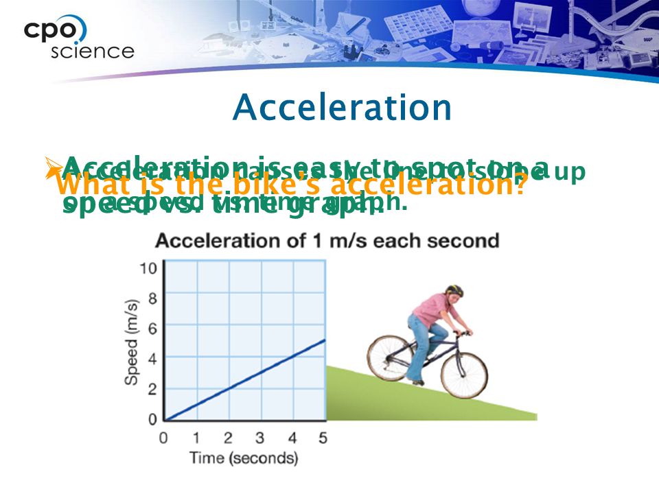 Acceleration  Acceleration is easy to spot on a speed vs.