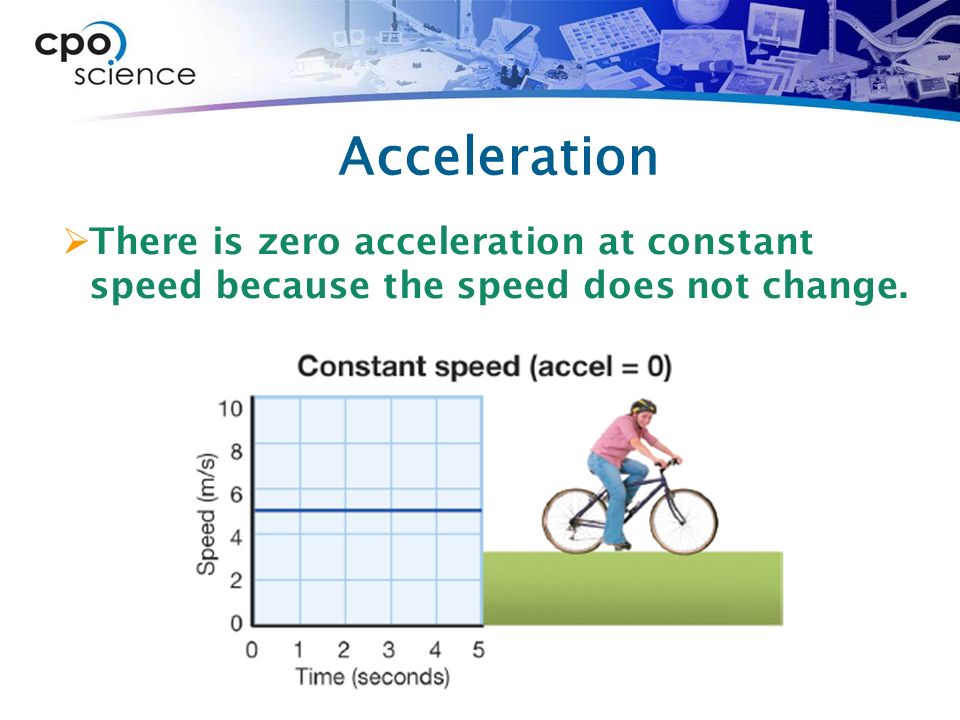 Acceleration  There is zero acceleration at constant speed because the speed does not change.