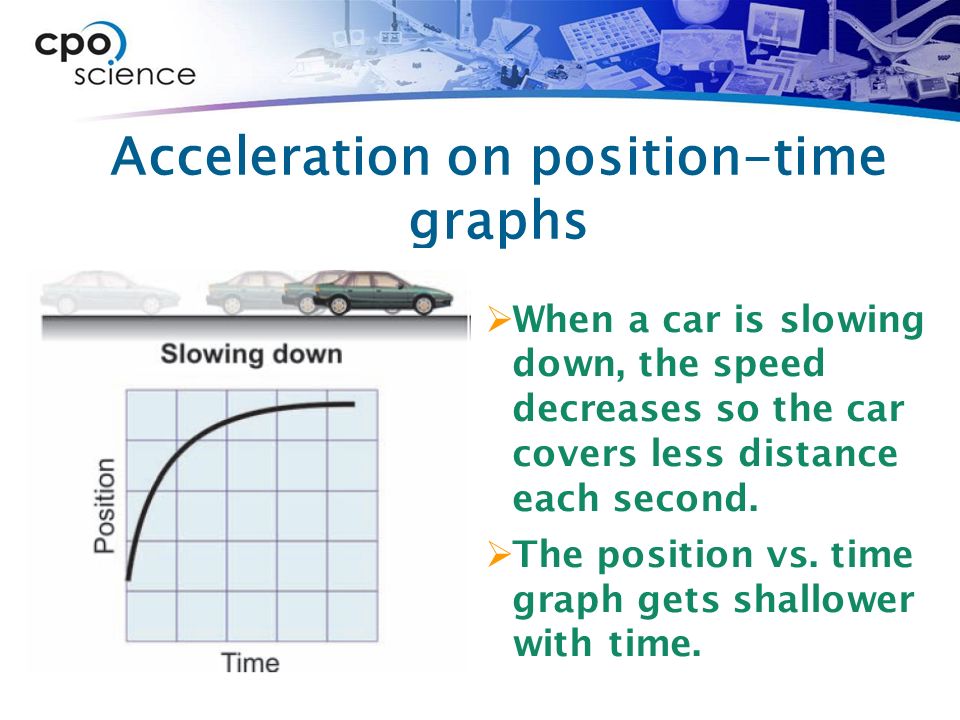 Acceleration on position-time graphs  When a car is slowing down, the speed decreases so the car covers less distance each second.