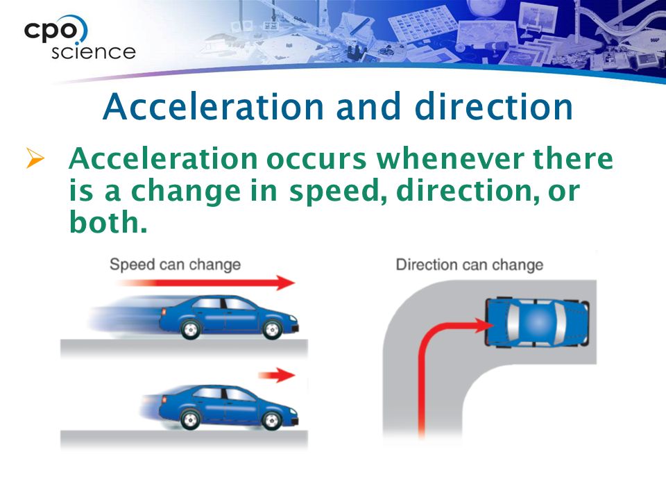 Acceleration and direction  Acceleration occurs whenever there is a change in speed, direction, or both.