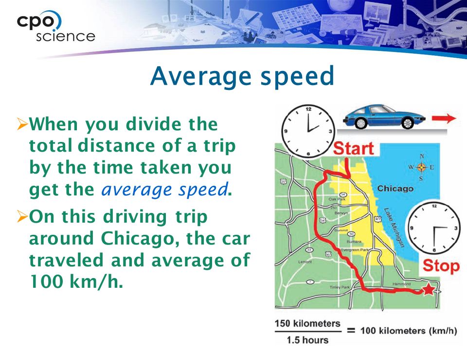 Average speed  When you divide the total distance of a trip by the time taken you get the average speed.