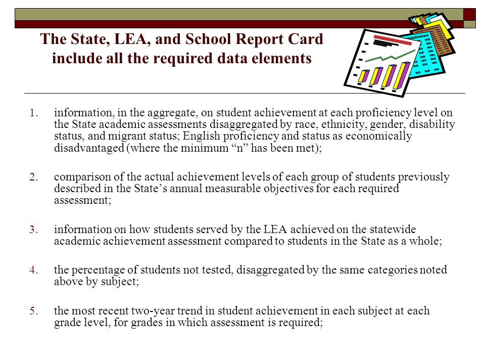 The State, LEA, and School Report Card include all the required data elements 1.