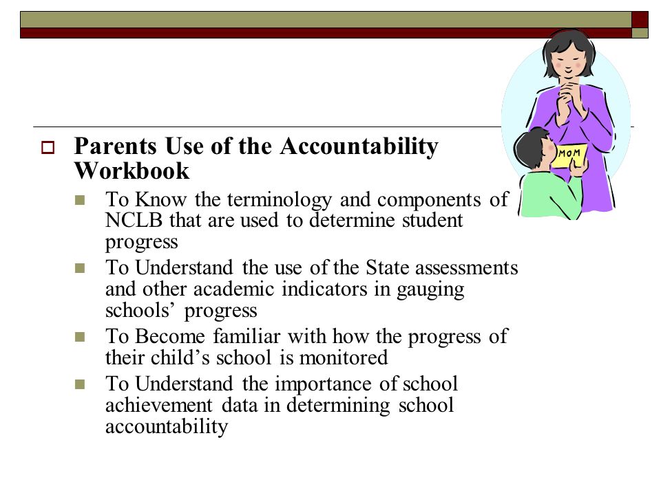  Parents Use of the Accountability Workbook To Know the terminology and components of NCLB that are used to determine student progress To Understand the use of the State assessments and other academic indicators in gauging schools’ progress To Become familiar with how the progress of their child’s school is monitored To Understand the importance of school achievement data in determining school accountability
