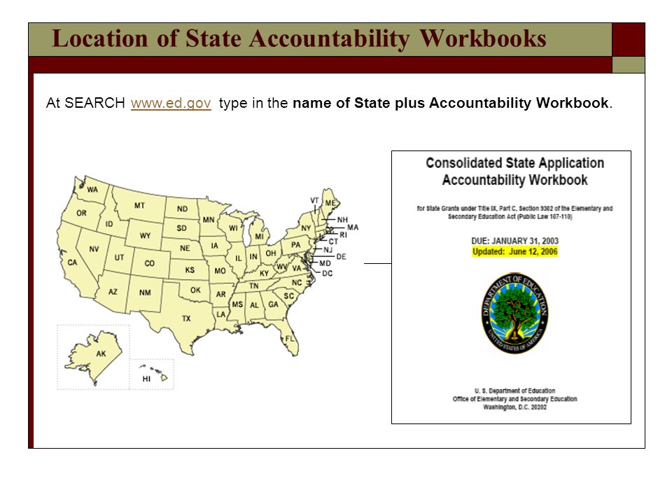Location of State Accountability Workbooks At SEARCH   type in the name of State plus Accountability Workbook.