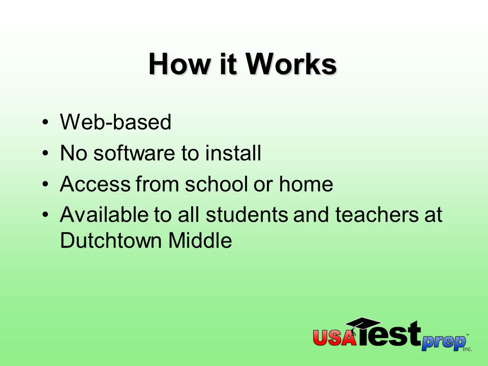 How it Works Web-based No software to install Access from school or home Available to all students and teachers at Dutchtown Middle