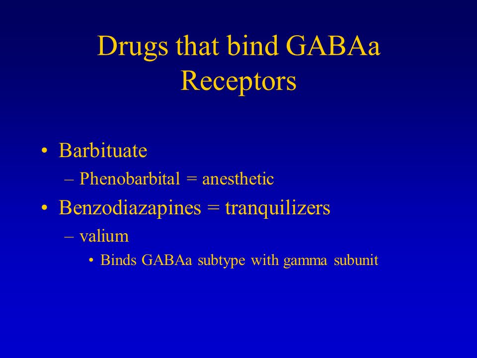 Drugs that bind GABAa Receptors Barbituate –Phenobarbital = anesthetic Benzodiazapines = tranquilizers –valium Binds GABAa subtype with gamma subunit