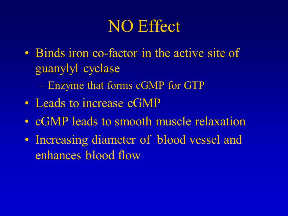 NO Effect Binds iron co-factor in the active site of guanylyl cyclase –Enzyme that forms cGMP for GTP Leads to increase cGMP cGMP leads to smooth muscle relaxation Increasing diameter of blood vessel and enhances blood flow