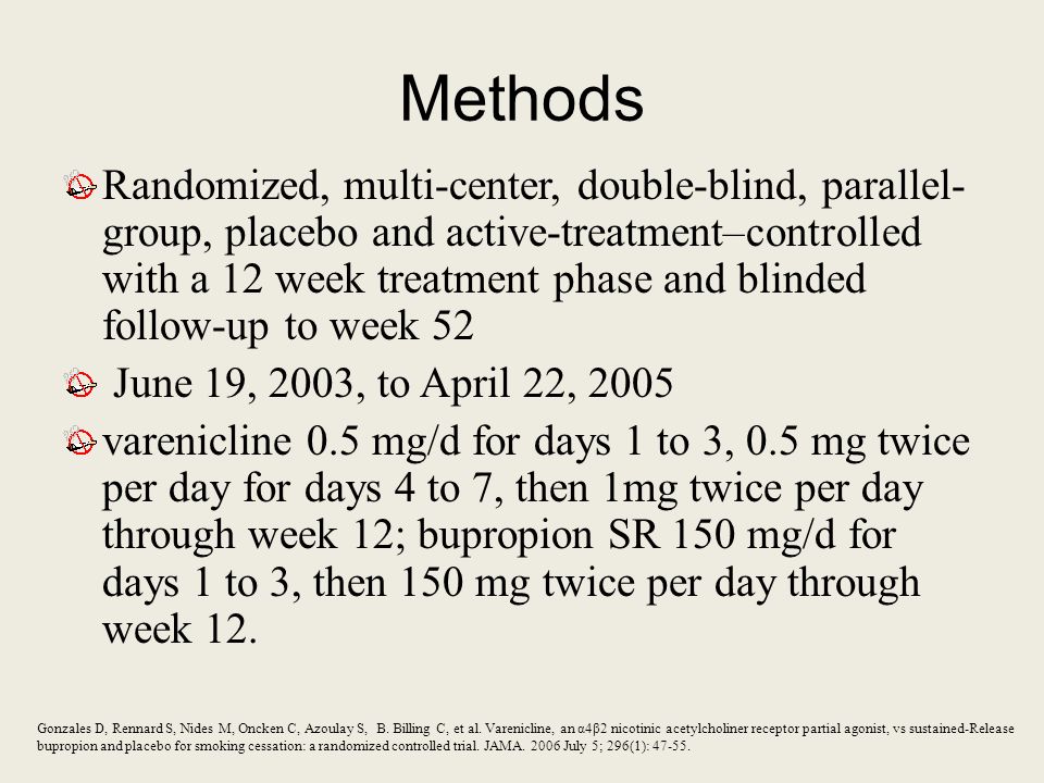 Methods Randomized, multi-center, double-blind, parallel- group, placebo and active-treatment–controlled with a 12 week treatment phase and blinded follow-up to week 52 June 19, 2003, to April 22, 2005 varenicline 0.5 mg/d for days 1 to 3, 0.5 mg twice per day for days 4 to 7, then 1mg twice per day through week 12; bupropion SR 150 mg/d for days 1 to 3, then 150 mg twice per day through week 12.