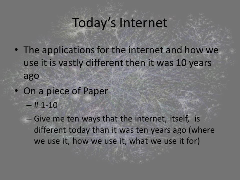 Today’s Internet The applications for the internet and how we use it is vastly different then it was 10 years ago On a piece of Paper – # 1-10 – Give me ten ways that the internet, itself, is different today than it was ten years ago (where we use it, how we use it, what we use it for)