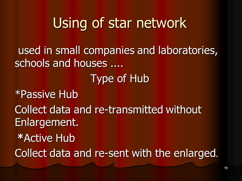Using of star network Using of star network used in small companies and laboratories, schools and houses....