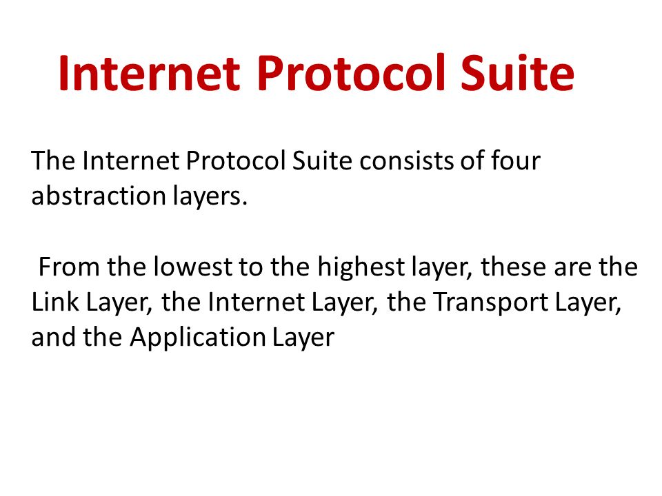 The Internet Protocol Suite consists of four abstraction layers.