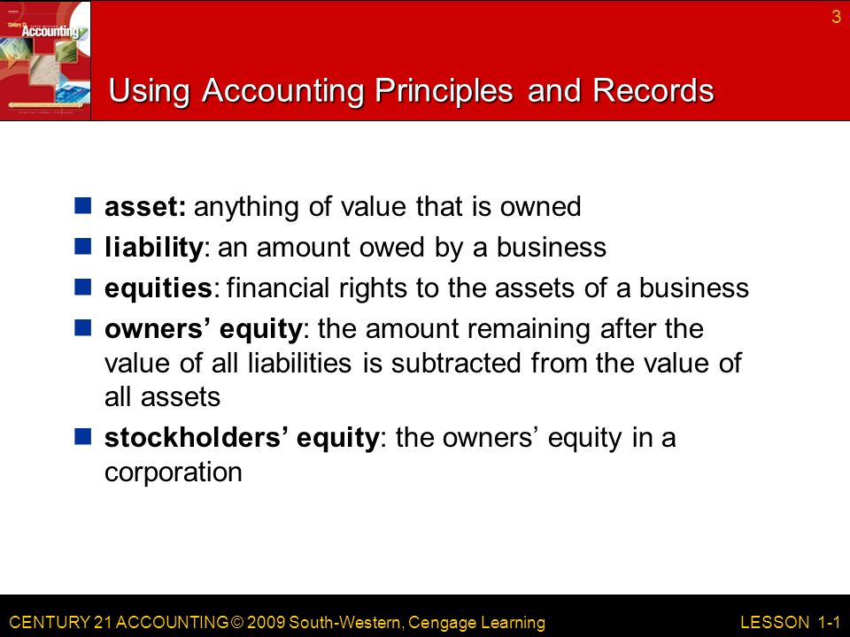 CENTURY 21 ACCOUNTING © 2009 South-Western, Cengage Learning Using Accounting Principles and Records asset: anything of value that is owned liability: an amount owed by a business equities: financial rights to the assets of a business owners’ equity: the amount remaining after the value of all liabilities is subtracted from the value of all assets stockholders’ equity: the owners’ equity in a corporation 3 LESSON 1-1