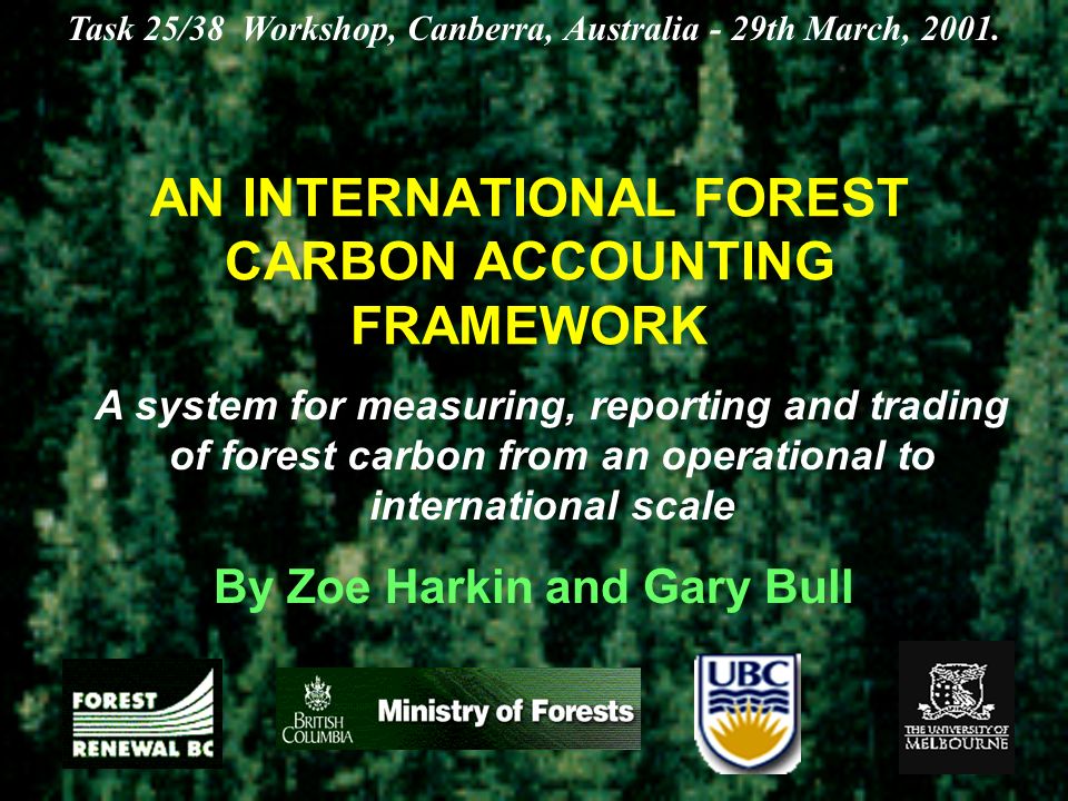 AN INTERNATIONAL FOREST CARBON ACCOUNTING FRAMEWORK By Zoe Harkin and Gary Bull Task 25/38 Workshop, Canberra, Australia - 29th March, 2001.