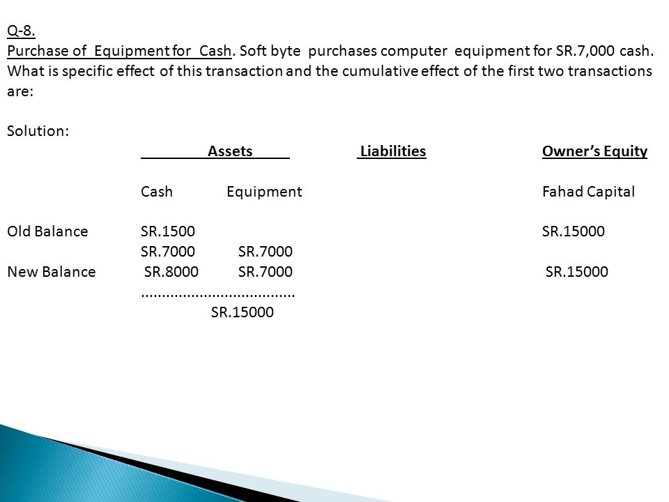 Q-8. Purchase of Equipment for Cash. Soft byte purchases computer equipment for SR.7,000 cash.