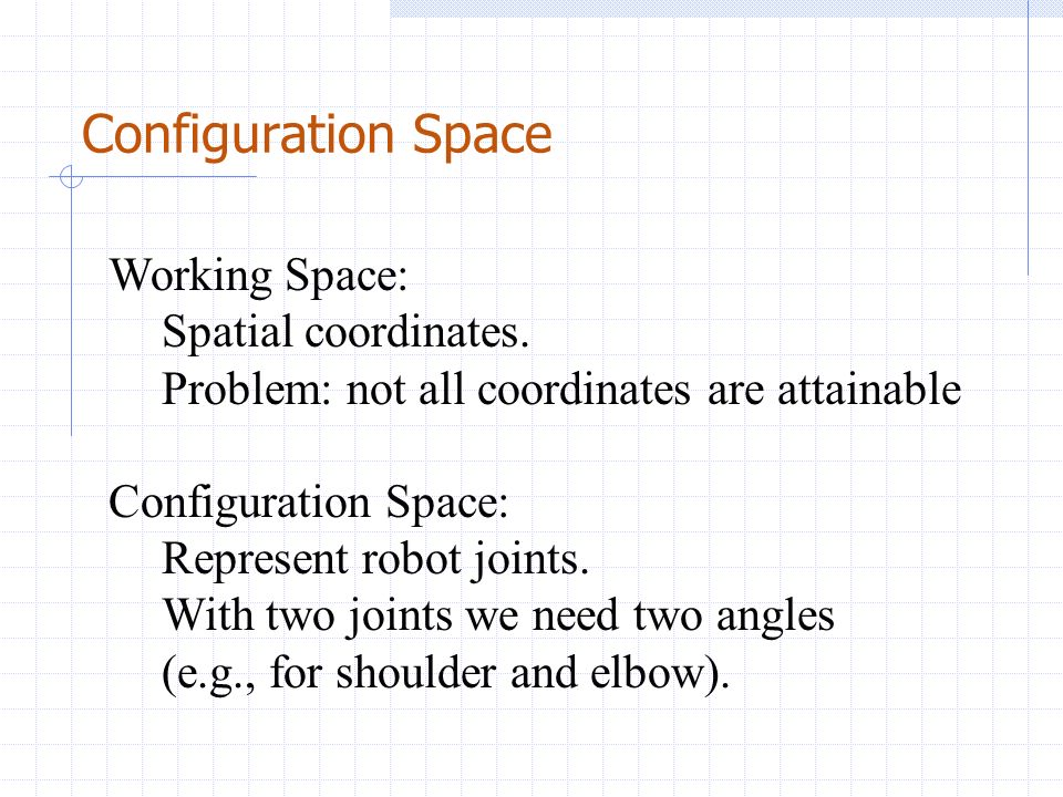 Configuration Space Working Space: Spatial coordinates.