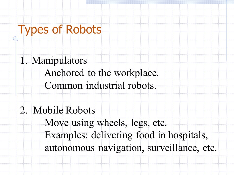 Types of Robots 1.Manipulators Anchored to the workplace.
