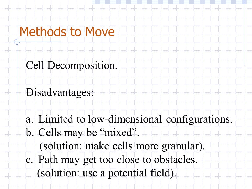 Methods to Move Cell Decomposition. Disadvantages: a.Limited to low-dimensional configurations.