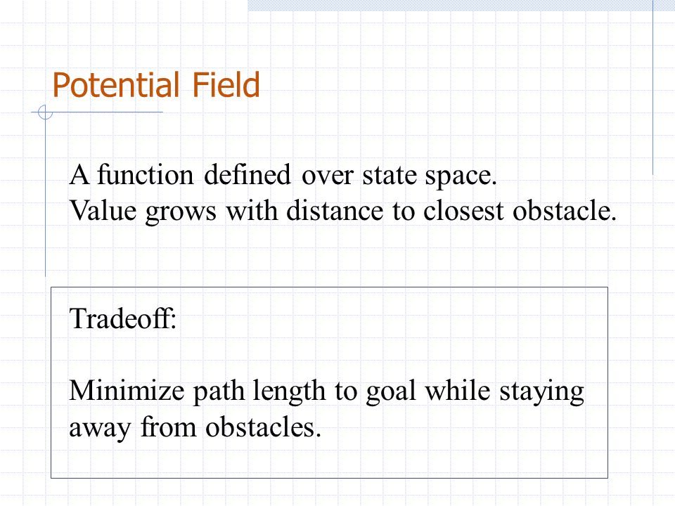 Potential Field A function defined over state space.