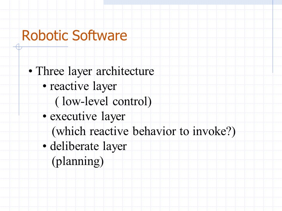 Robotic Software Three layer architecture reactive layer ( low-level control) executive layer (which reactive behavior to invoke ) deliberate layer (planning)