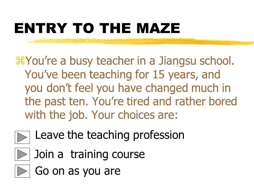 ENTRY TO THE MAZE zYou’re a busy teacher in a Jiangsu school.