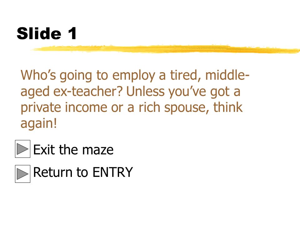 Slide 1 Who’s going to employ a tired, middle- aged ex-teacher.
