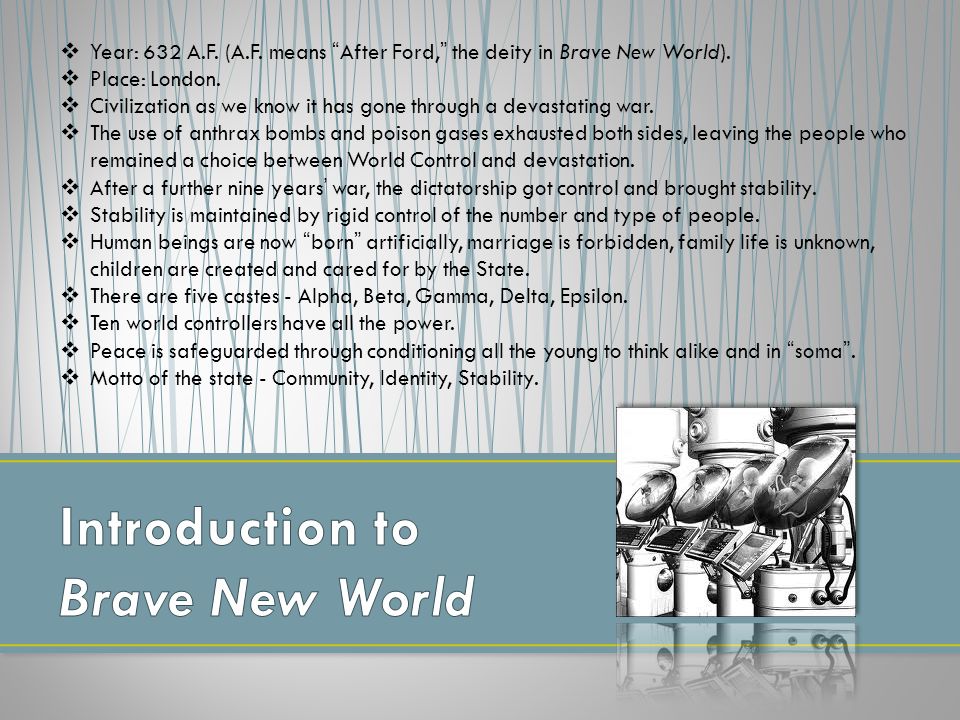  Year: 632 A.F. (A.F. means After Ford, the deity in Brave New World).