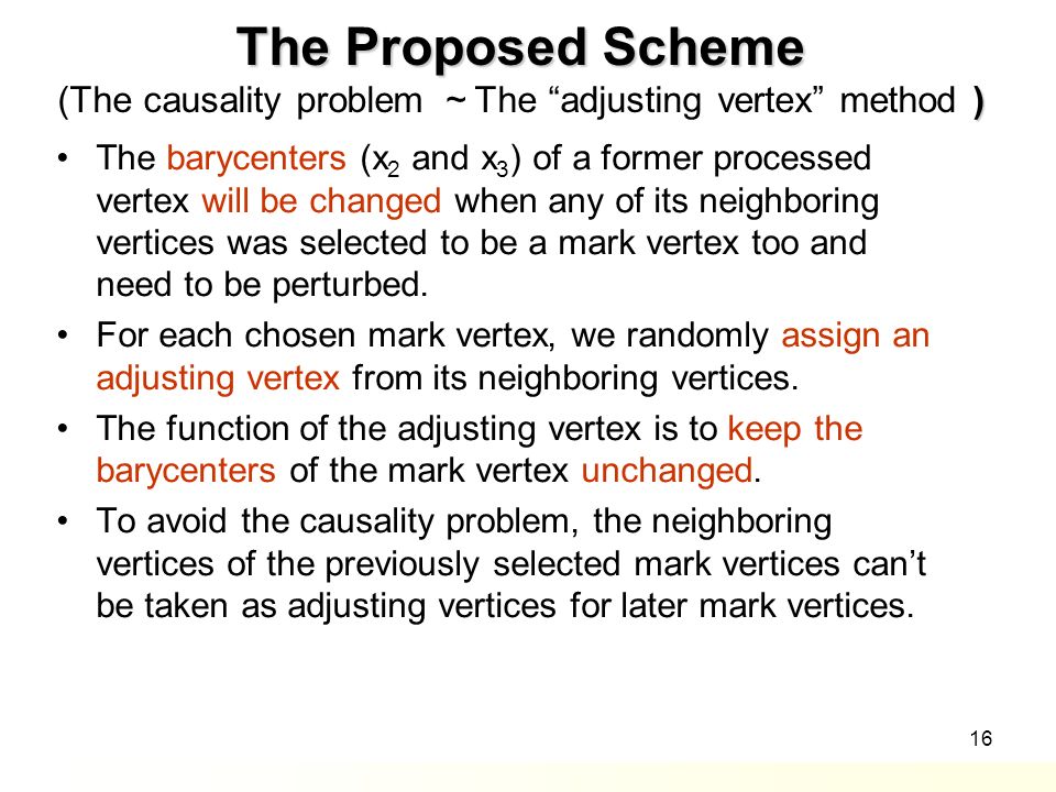 16 The Proposed Scheme ) The Proposed Scheme (The causality problem ～ The adjusting vertex method ) The barycenters (x 2 and x 3 ) of a former processed vertex will be changed when any of its neighboring vertices was selected to be a mark vertex too and need to be perturbed.