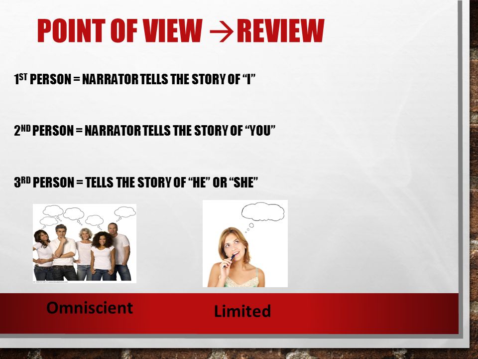 POINT OF VIEW  REVIEW 1 ST PERSON = NARRATOR TELLS THE STORY OF I 2 ND PERSON = NARRATOR TELLS THE STORY OF YOU 3 RD PERSON = TELLS THE STORY OF HE OR SHE Omniscient Limited