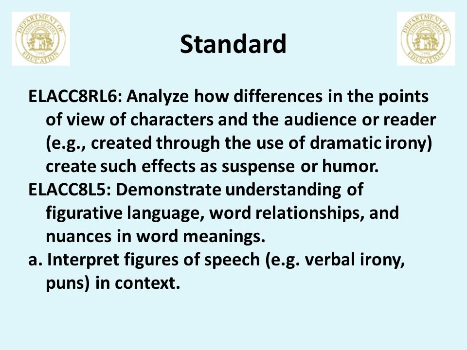 Standard ELACC8RL6: Analyze how differences in the points of view of characters and the audience or reader (e.g., created through the use of dramatic irony) create such effects as suspense or humor.