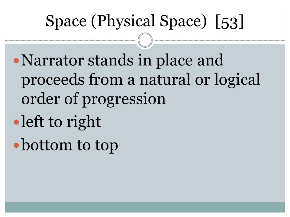 Space (Physical Space) [53] Narrator stands in place and proceeds from a natural or logical order of progression left to right bottom to top