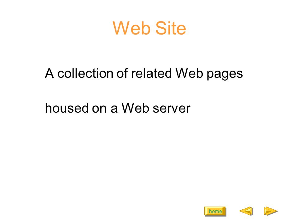 home Web Site A collection of related Web pages housed on a Web server