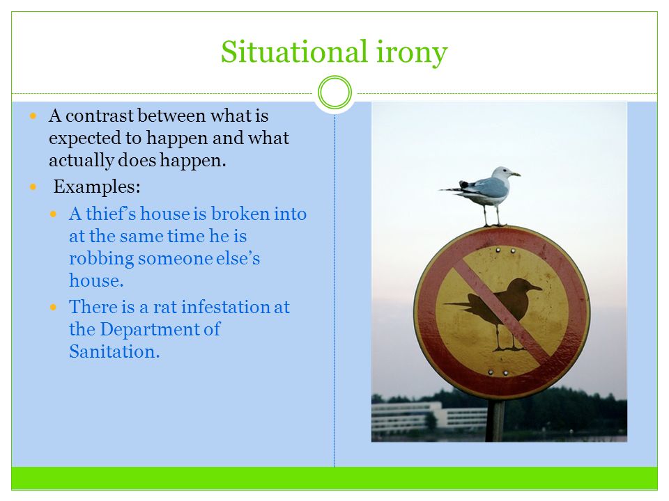 Situational irony A contrast between what is expected to happen and what actually does happen.