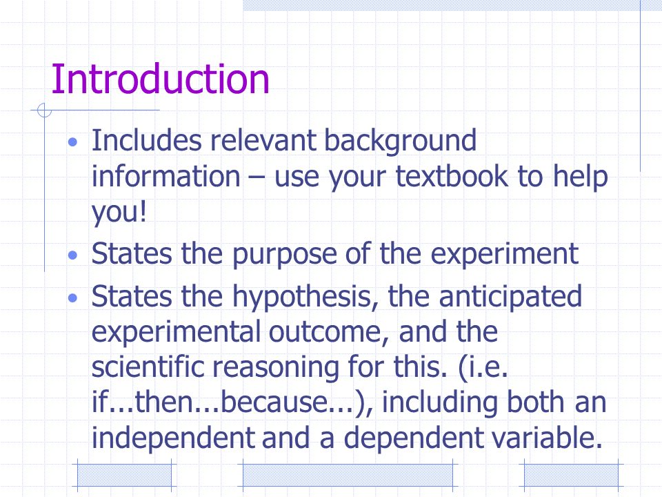 Introduction Includes relevant background information – use your textbook to help you.
