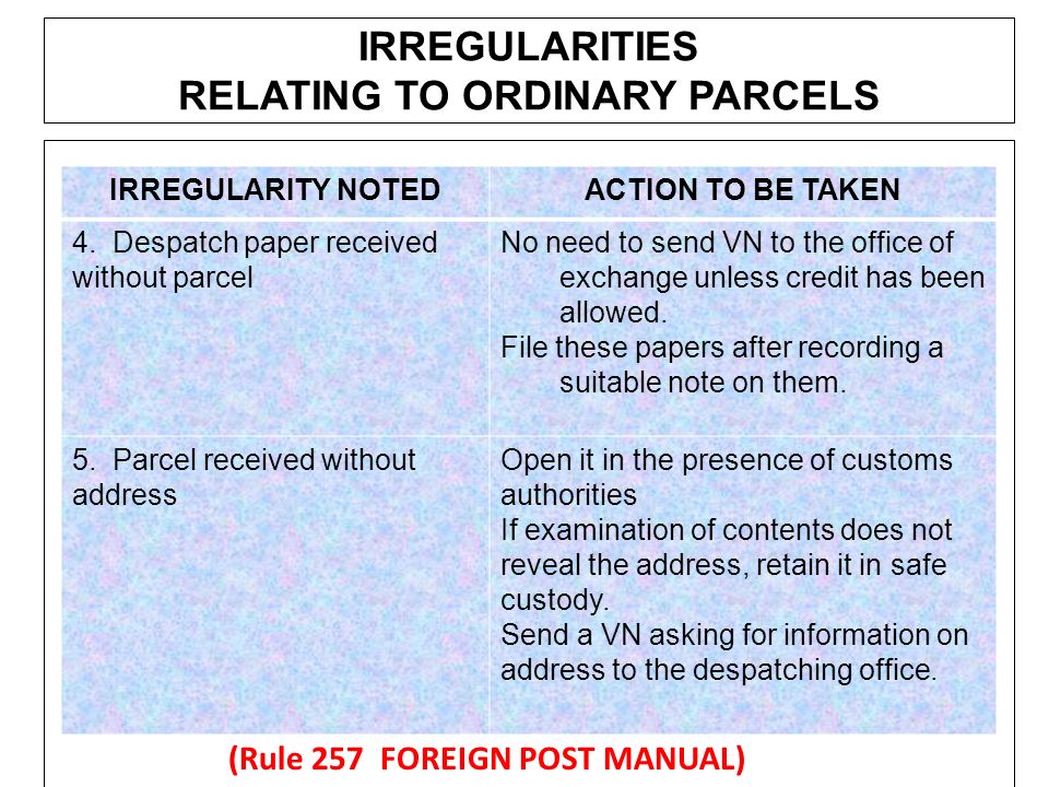 IRREGULARITIES RELATING TO ORDINARY PARCELS (Rule 257 FOREIGN POST MANUAL) IRREGULARITY NOTEDACTION TO BE TAKEN 4.
