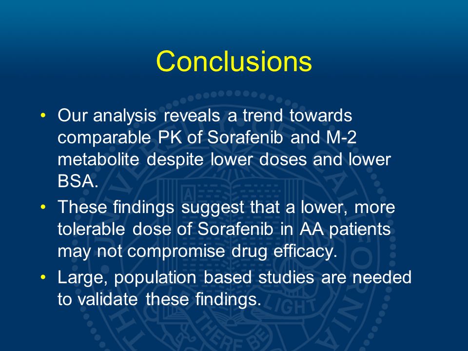 Conclusions Our analysis reveals a trend towards comparable PK of Sorafenib and M-2 metabolite despite lower doses and lower BSA.